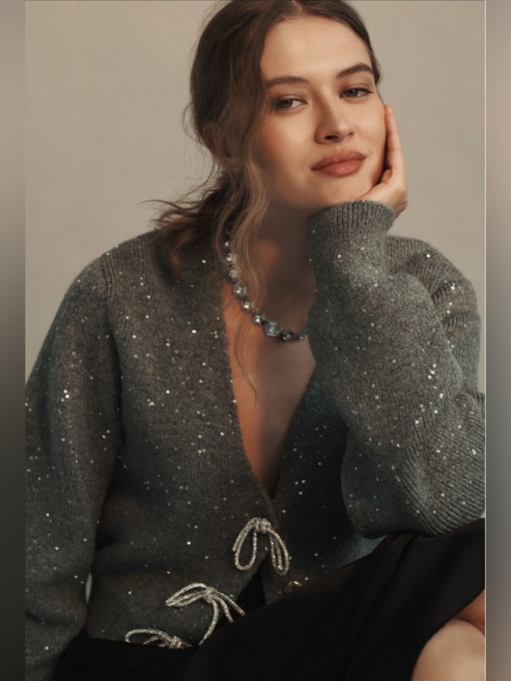 ISO MAEVE ANTHROPOLOGIE Shiny Bow Cardigan Sweater L